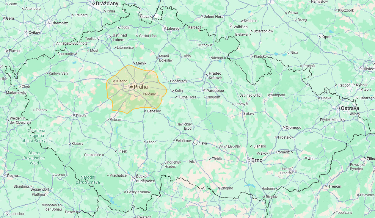 Mapa oblasti Praha +30 km, kde Wallio tiskne na zeď.